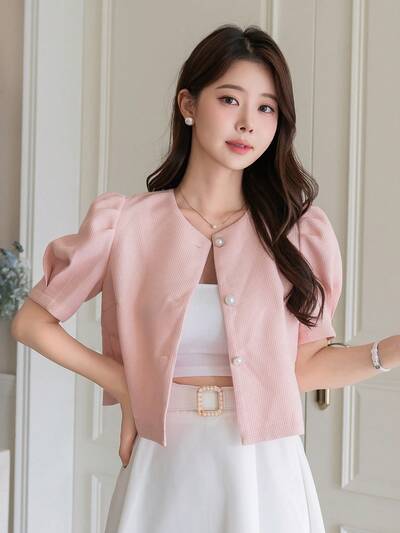 1 pieza Blusa de mujer de unicolor de manga corta, camisa casual simple y de moda para uso diario, Día de San Valentín, verano