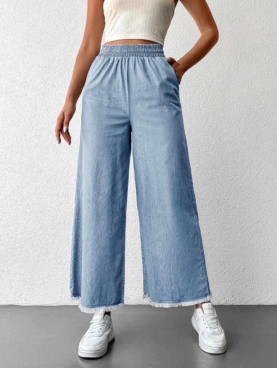 EURMUSE Women's Casual Wide Leg Pants With Frayed Hem - Light Wash - View 1