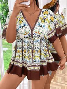 SHEIN Clasi Women's Plus Size Random Printed Short Sleeve Simple Daily Blouse - Multicolor - View 6