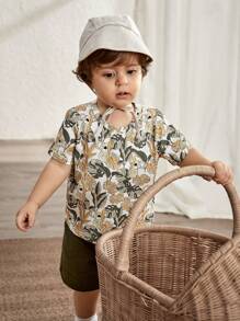 Cozy Pixies Baby Boy Knitted Soft Round Neck Short Sleeve Top With Plant & Flower Pattern, Solid Shorts 2pcs/Set - Army Green - View 4