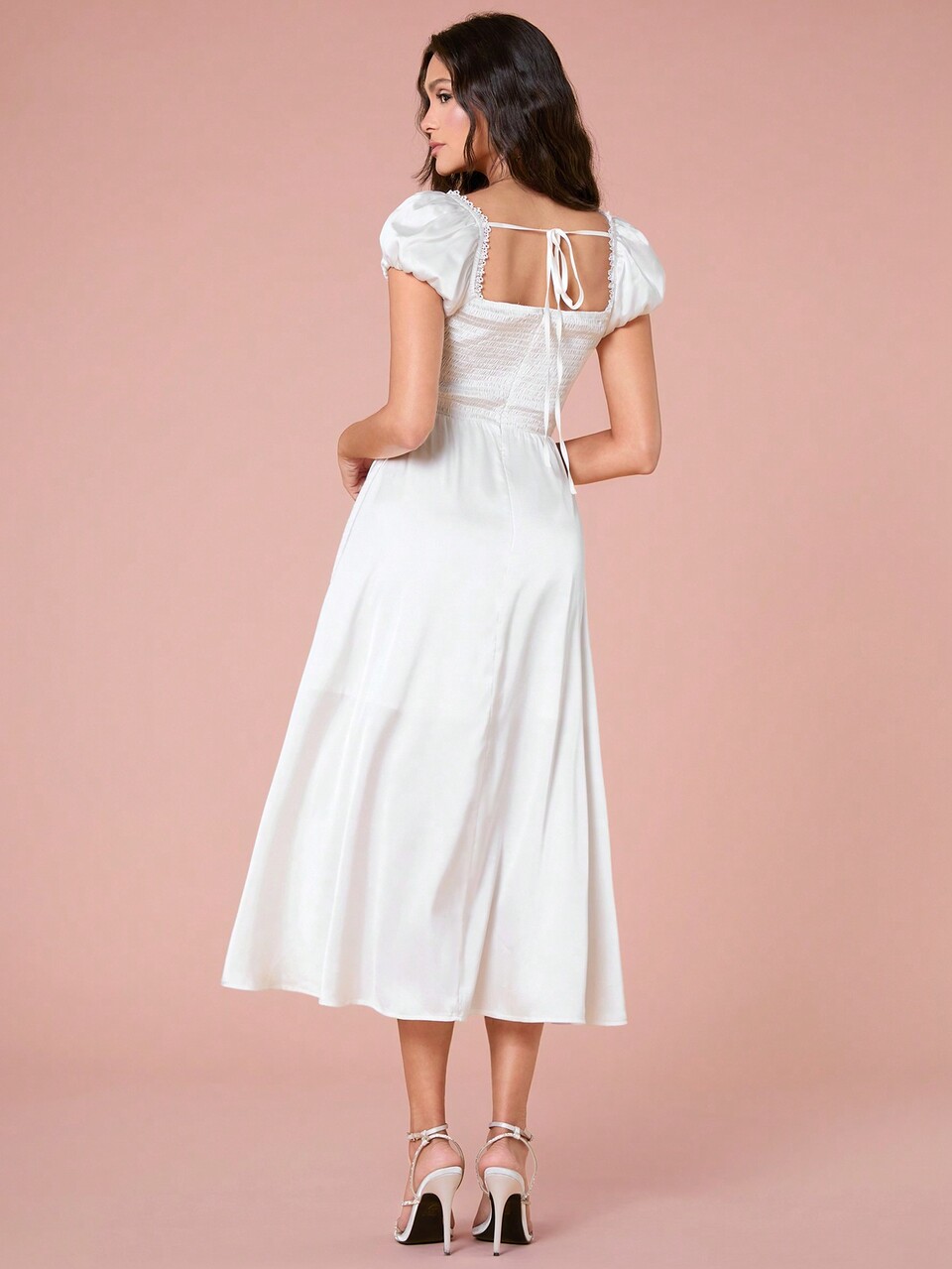 Women's Elegant Solid Color Lace Spliced Puff Sleeve Dress, Summer