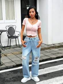 SHEIN PETITE Women's Drawstring Waist Ripped Straight Wide-Leg Denim Jeans - Blue - View 4