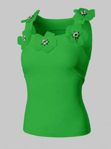 SHEIN Unity 女士優雅修身圓領背心上衣，3D花卉裝飾，夏季款 - 綠色 - 查看 6