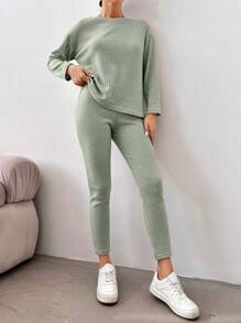 EURMUSE Women's Ribbed Long Sleeve T-shirt And Leggings Set - Green - View 5