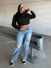 SHEIN SXY Sudadera corta holgada con capucha y manga larga para mujer - Negro - Ver 5