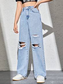 SHEIN 少女夏季休閒直筒牛仔褲，帶有破洞效果 - 淺色水洗藍 - 查看 4