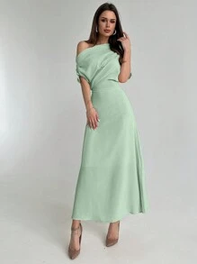 Aloruh 女士純色不對稱領口腰收集伞領簡約優雅連衣裙 - 薄荷綠 - 查看 4