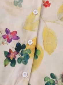 SHEIN LUNE Women's Floral Printed Shirt With Ruffle Hemmed Long Sleeve - Apricot - View 5