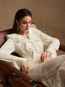 Anewsta Elegant Urban Professional Women's Cinching Waisted Woven Shirt - Beige - View 3