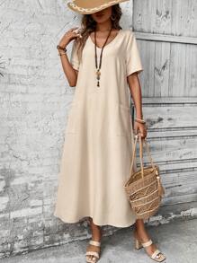 EMERY ROSE Vestido largo de verano casual para mujer con cuello en V, bolsillo y de un solo color - Albaricoque - Ver 4
