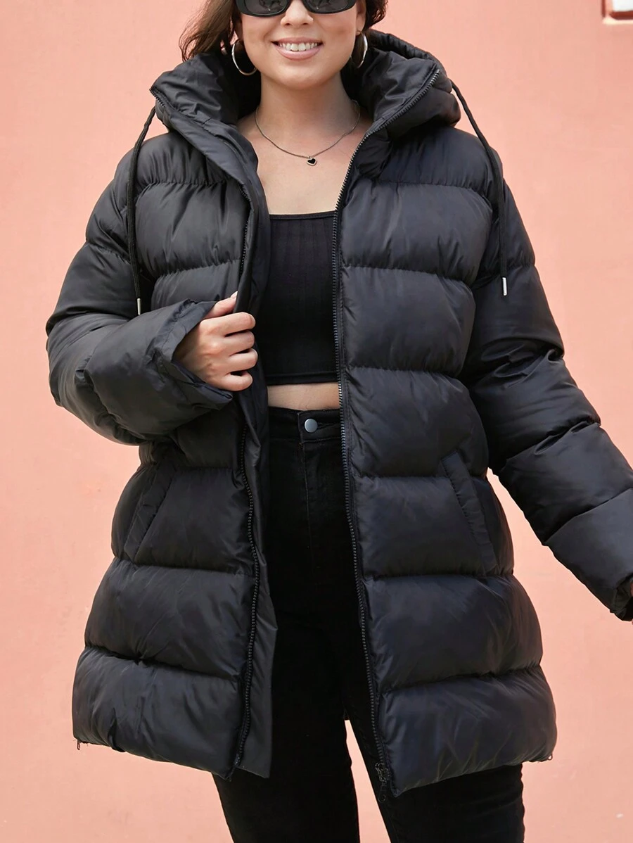 EURMUSE Plus Size Zip Up Drawstring Hooded Puffer Coat, For Winter - Black - View 1