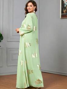 阿拉伯雪纺金色印花两件套女士朴素长袖连衣裙卡夫坦阿拉伯连衣裙