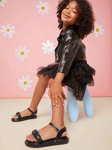 Mini mi Sandalias planas de verano para niños con diseño de pedrería en unicolor de moda - Negro - Ver 1