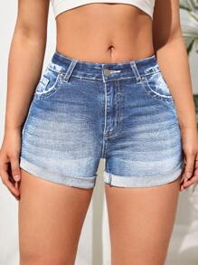 SHEIN Essnce Quần short denim thường ngày có cúc có túi cho nữ - Rửa nhẹ - Xem 3