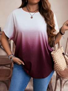 EMERY ROSE Plus Size Women's Summer Loose Country T-Shirt With Gradient Color And Curved Hem - Burgundy - View 7