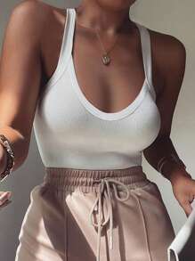 INAWLY Women's Summer Casual Solid Color Slim Fit Bodysuit With Spaghetti Straps - White - View 4