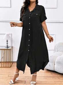Calvaya Vestido de talla grande de unicolor con cuello vuelto, botones delanteros y bolsillo, mangas cortas, verano - Negro - Ver 3