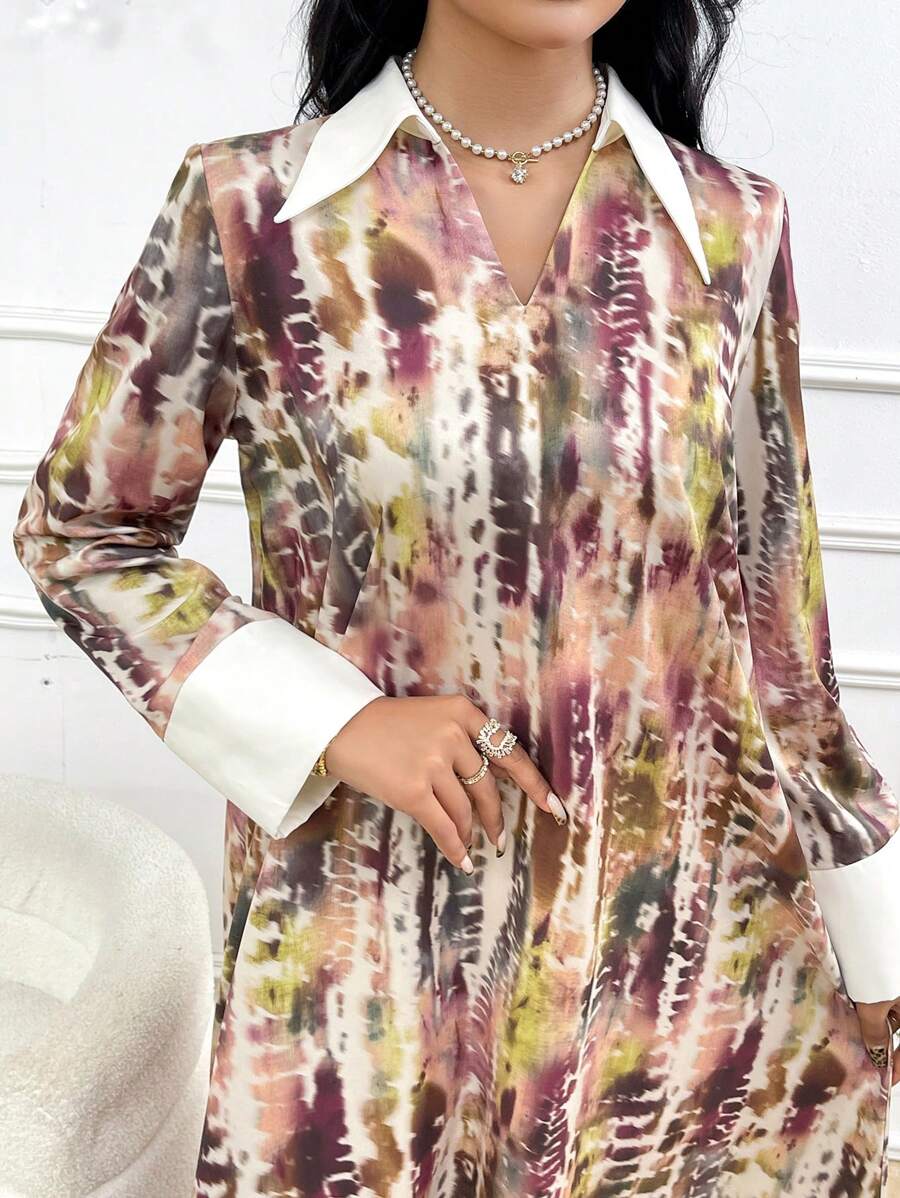 Al Najma Robe d'été élégante pour femme à manches longues imprimé tie-dye arabe - Multicolore - Voir 1