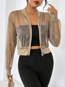 SHEIN Essnce Women's Simple & Translucent Daily Long Sleeve Jacket In Fall/Winter - Camel - View 3