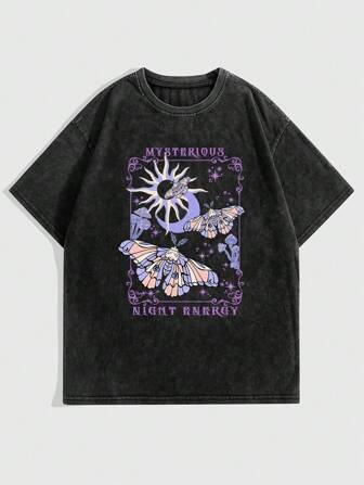 Fairycore Women's Moth Sun And Moon Printed Random Snow Washed T-Shirt, School