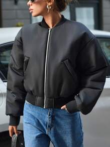 RueChic Veste d'hiver bomber courte matelassée pour femmes avec épaules tombantes