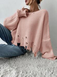 EURMUSE Drop Shoulder Distressed Trim Sweater - Pink - View 5