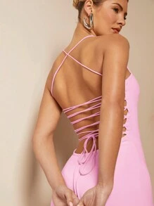 SHEIN BAE Rochie de vară, sexy, lungă, fără spate, cu detaliu cu bretele - Baby Pink - Vizualizare 7