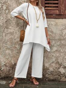 EMERY ROSE Women's Summer 3/4 Sleeve Shirt And Long Pants Set - White - View 6