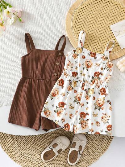 SHEIN LMoss Kids 年轻女孩编织纯色细肩带连体衣和编织花卉细肩带连体衣两件套