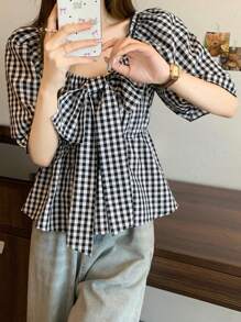 FRIFUL SHEIN X AYA NAKAMACHI Ladies' Plaid Printed Short Sleeve Shirt With Bow Decoration, Summer - Black and White - View 4