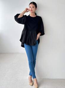 FRIFUL Women's Plain And Simple Short Sleeve Daily Shirt,Ruffle - Black - View 2
