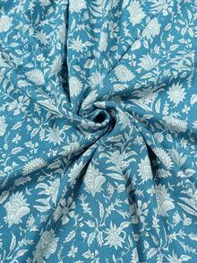 Plus Size Women Floral Print Lantern Sleeve Loose Dress, Vacation Style - Blue and White - View 8