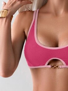SHEIN Swim 女性夏季海灘比基尼套裝，帶有搶眼的邊緣切割細節，性感兩件式泳裝 - 粉色 - 查看 7