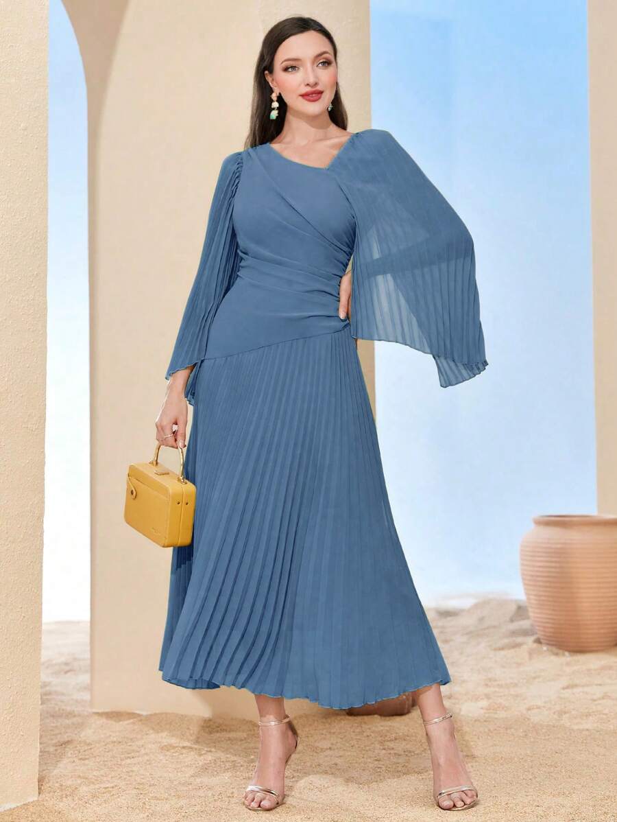 Modelyn 純色不對稱領口打褶夏季優雅連衣裙 - 淺色水洗藍 - 查看 1