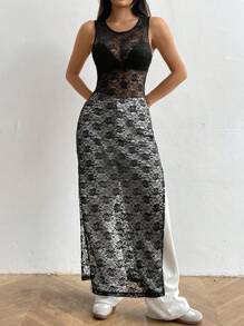 SHEIN Unity Summer Solid Color Round Neck Long Lace See-Through Split Hem Tank Top - Black - View 3