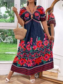 Flirla Plus Size Printed Hollow Out Dress For Vacation - Black - View 5