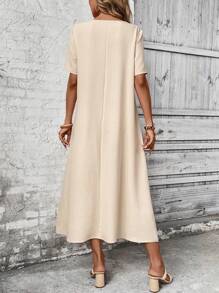 EMERY ROSE Vestido largo de verano casual para mujer con cuello en V, bolsillo y de un solo color - Albaricoque - Ver 2