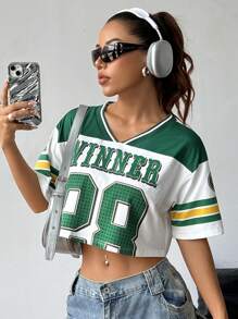 StreetHx Personalized Color-Block Short Ribbed Sporty Casual T-Shirt Graphic Tees Women Tops - Dark Green - View 3