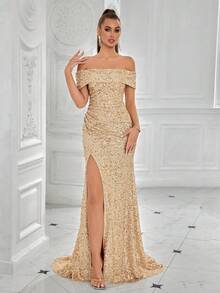 ADYCE Vestido de noche elegante de graduación, cena o boda con hombros descubiertos, fruncido delantero y abertura, vestido de fiesta formal con destellos - Champán - Ver 6