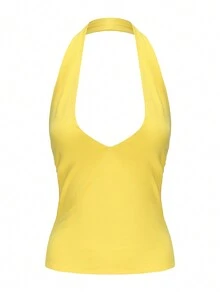 Top corto de cuello redondo y corte con abertura simple - Amarillo - Ver 3