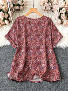 SHEIN LUNE Plus Size Vacation Leisure Vintage Printed Notched Collar Batwing Sleeve Shirt - Multicolor - View 2