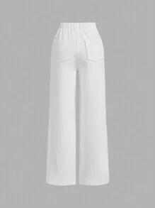 SHEIN MOD Pantalones rectos elegantes de mujer con rayas blancas en contraste en la cintura alta, pantalones rectos elegantes, pantalones rectos de estilo pequeño, pantalones para salir, pantalones blancos