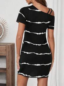 SHEIN LUNE Women's Summer Casual Asymmetric Collar Striped Colorblock Pleated Dress Summer Outfits For Women