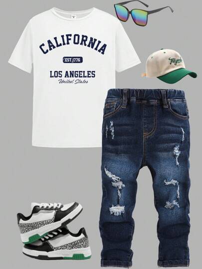 Tween Boy 2入組運動休閒街頭風格高彈力牛仔褲和寬鬆舒適T卹