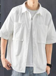 Manfinity Homme Men's Solid Color Short Sleeve Casual Shirt With Double Pocket, Summer - White - View 1