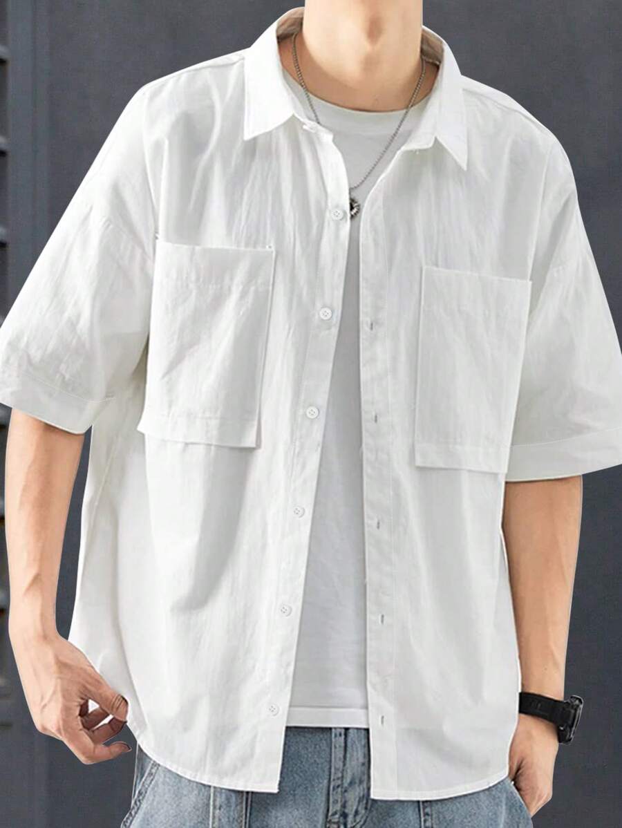 Manfinity Homme Men's Solid Color Short Sleeve Casual Shirt With Double Pocket, Summer - White - View 1