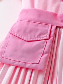 SHEIN Baby Girls' Pink Front-Button Short Sleeve Top And Pleated Waistband Skirt Set, Summer Casual And Cute - Pink - View 5