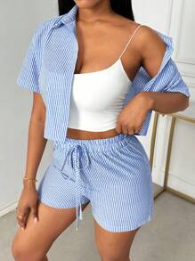 Breezaya Women's Summer Striped Short Sleeve Casual Shirt And Shorts Set With Pockets - Blue and White - View 3