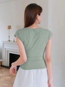 DAZY Women's Summer Solid Color V-Neck Crossed Pleated T-Shirt - Green - View 3