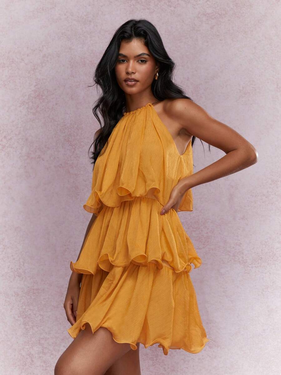 MISSGUIDED 波西米亚风层叠荷叶边挂脖迷你连衣裙可爱太阳裙 - 黃色 - 查看 1